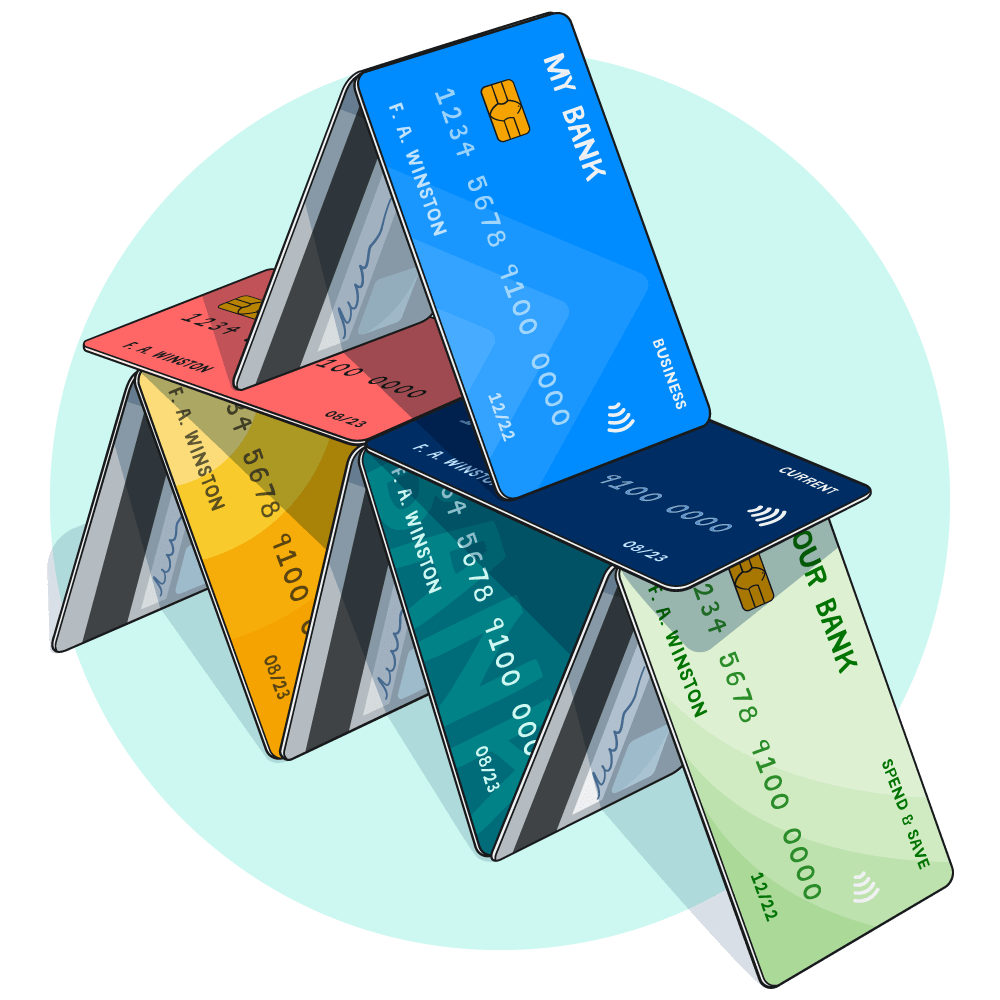 Illustration of a tower constructed from bank cards