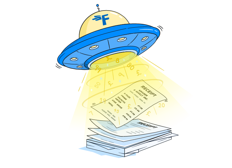 Illustration of a UFO abducting invoices