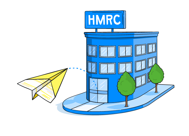 Illustration of a paper airplane made out of an invoice flying into HMRC offices