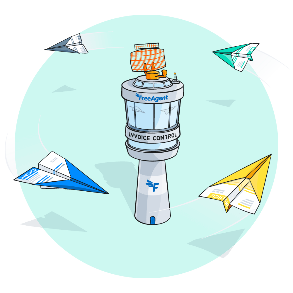 Illustration of invoices folded into paper aeroplanes flying around a control tower