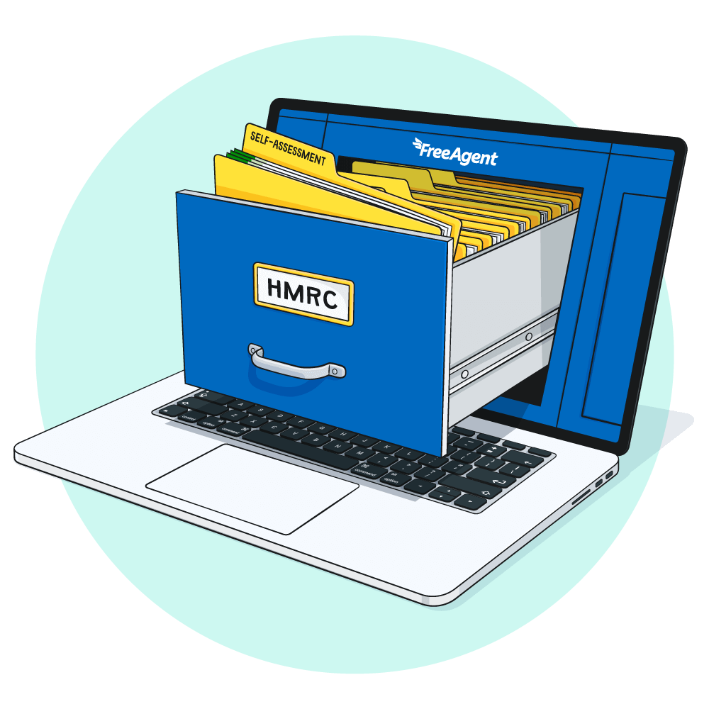 Illustration of a filing cabinet drawer with an HMRC label on the front emerging from a laptop screen