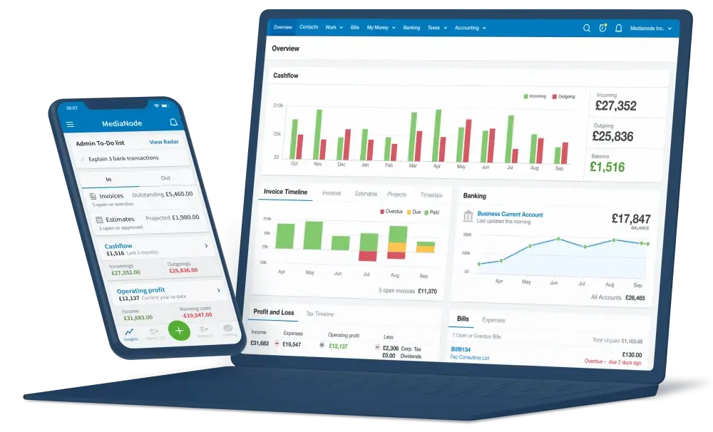 Illustration of a mobile phone and a laptop showing FreeAgent's software