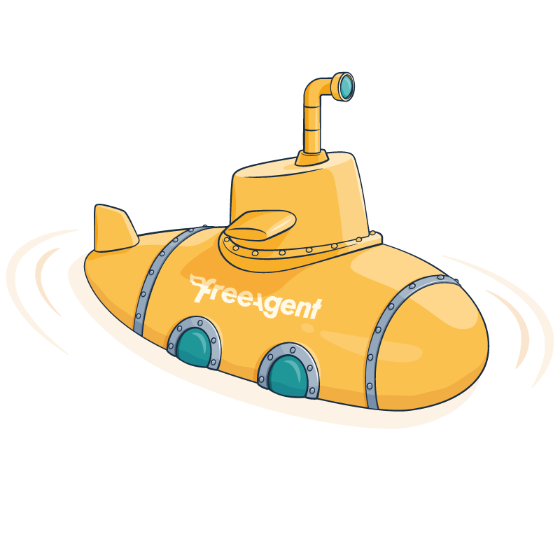 Illustration of a yellow FreeAgent submarine emerging from the water with its periscope up