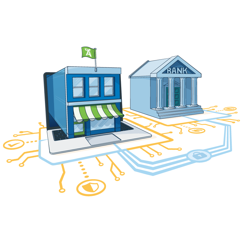 Illustration of a bank building and a FreeAgent building connected on a circuit board